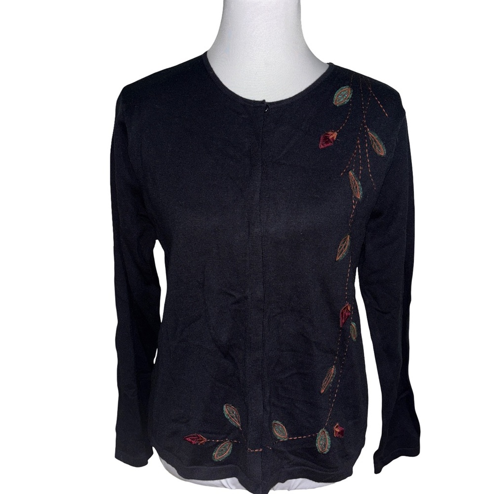 Charter Club Black Cardigan Embroidered Leaves NWT